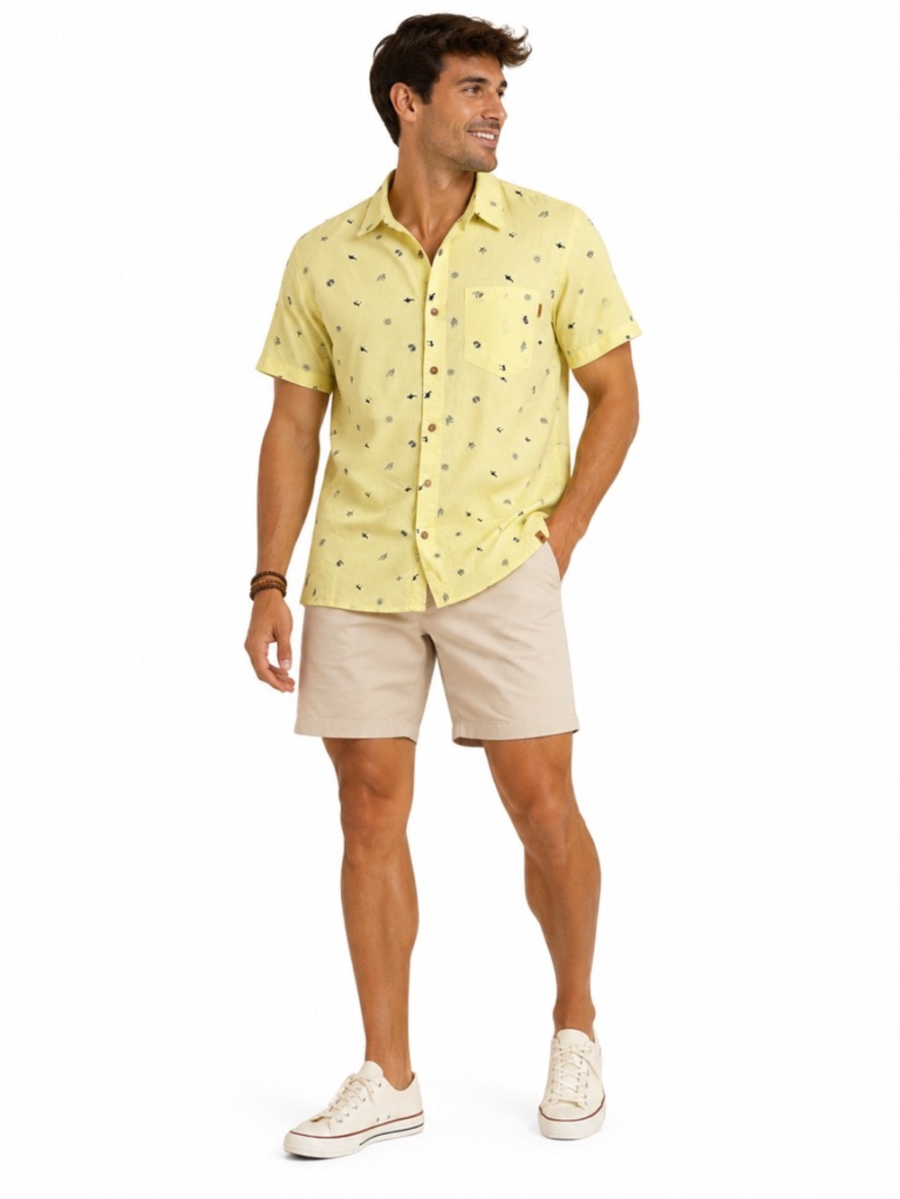 tentree Hemp Button Down Shirt Men's Medium Yellow Nature Print Short Sleeve